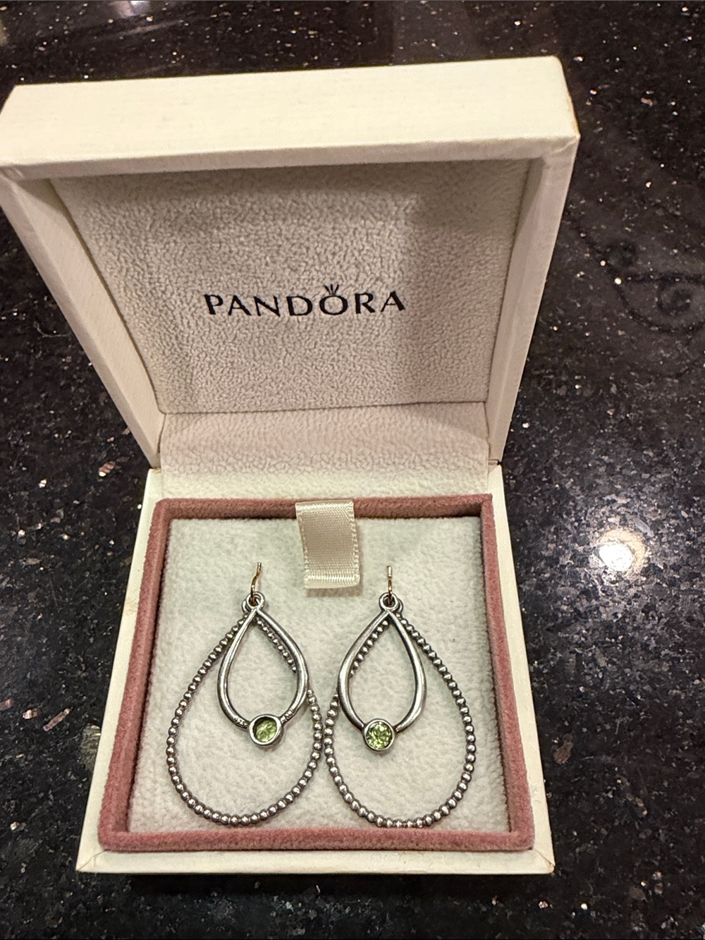 Pandora Silver Double Teardrop Earrings with Green Stones